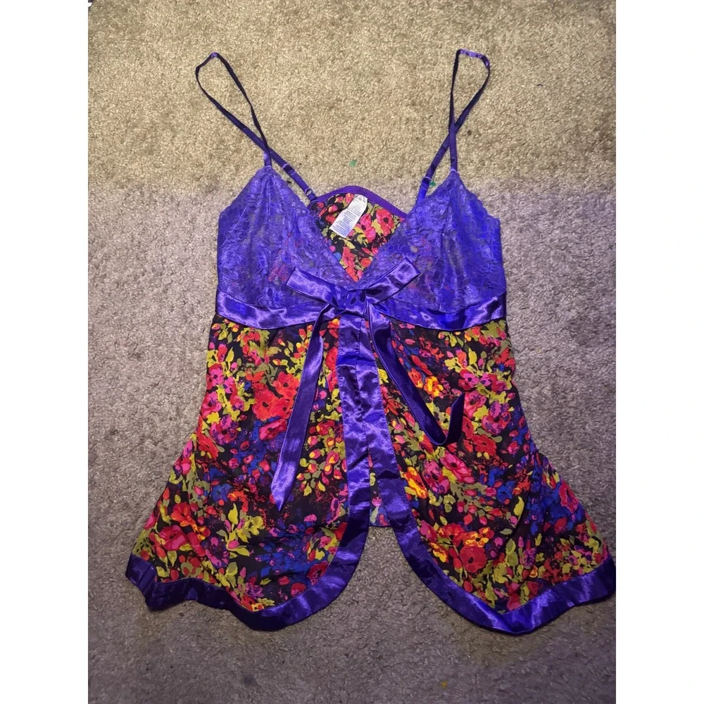 Purple Floral Lace‎ Babydoll Chemise Lingerie Sheer Front Tie Sleepwear Top